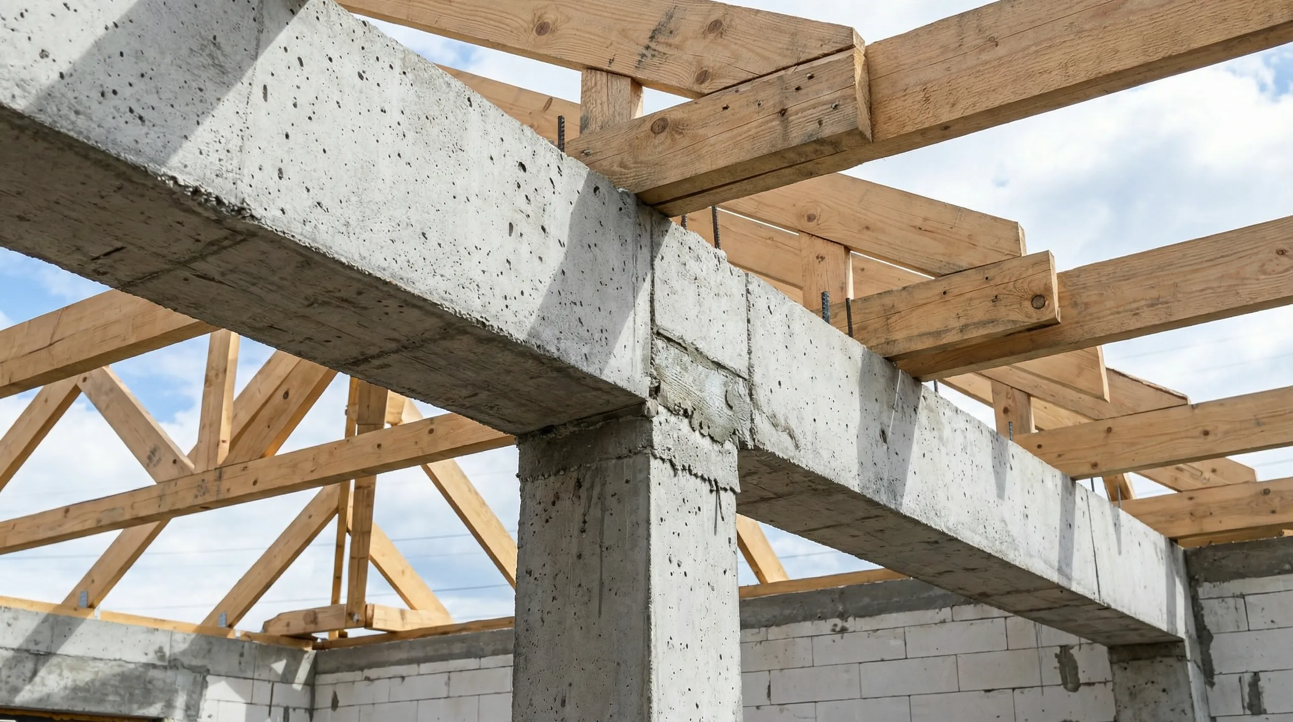 Roboty żelbetowe: betonowe belki i słupy z montowaną drewnianą więźbą dachową